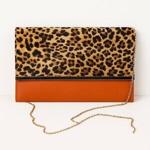 Leopard Print & Orange Colorblock Clutch with Gold Chain Strap – Bold Statement